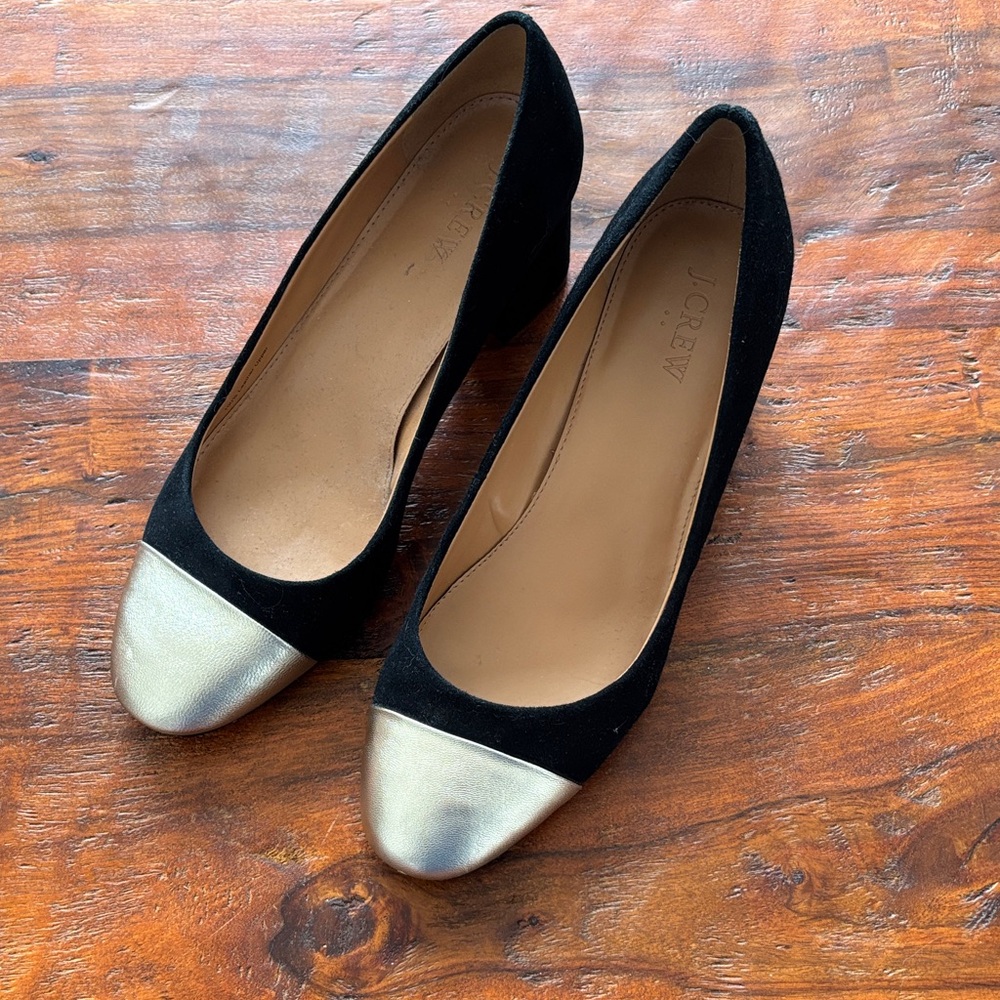 J. Crew Black Suede Heels with Metallic Gold Cap Toe